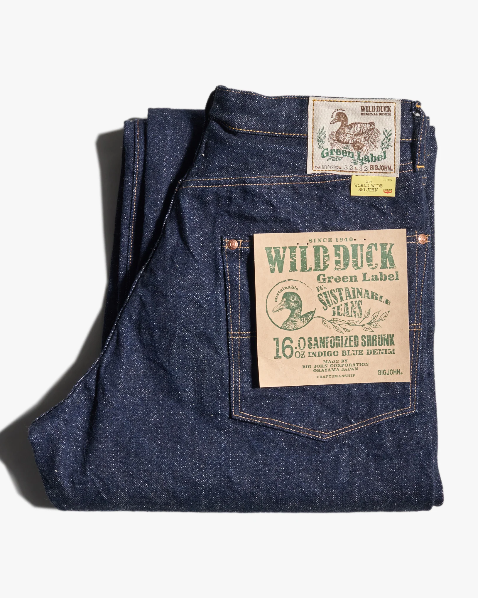 Big John Green Label M1012RC Wild Duck Wide Straight Selvedge Jeans - Indigo Onewash