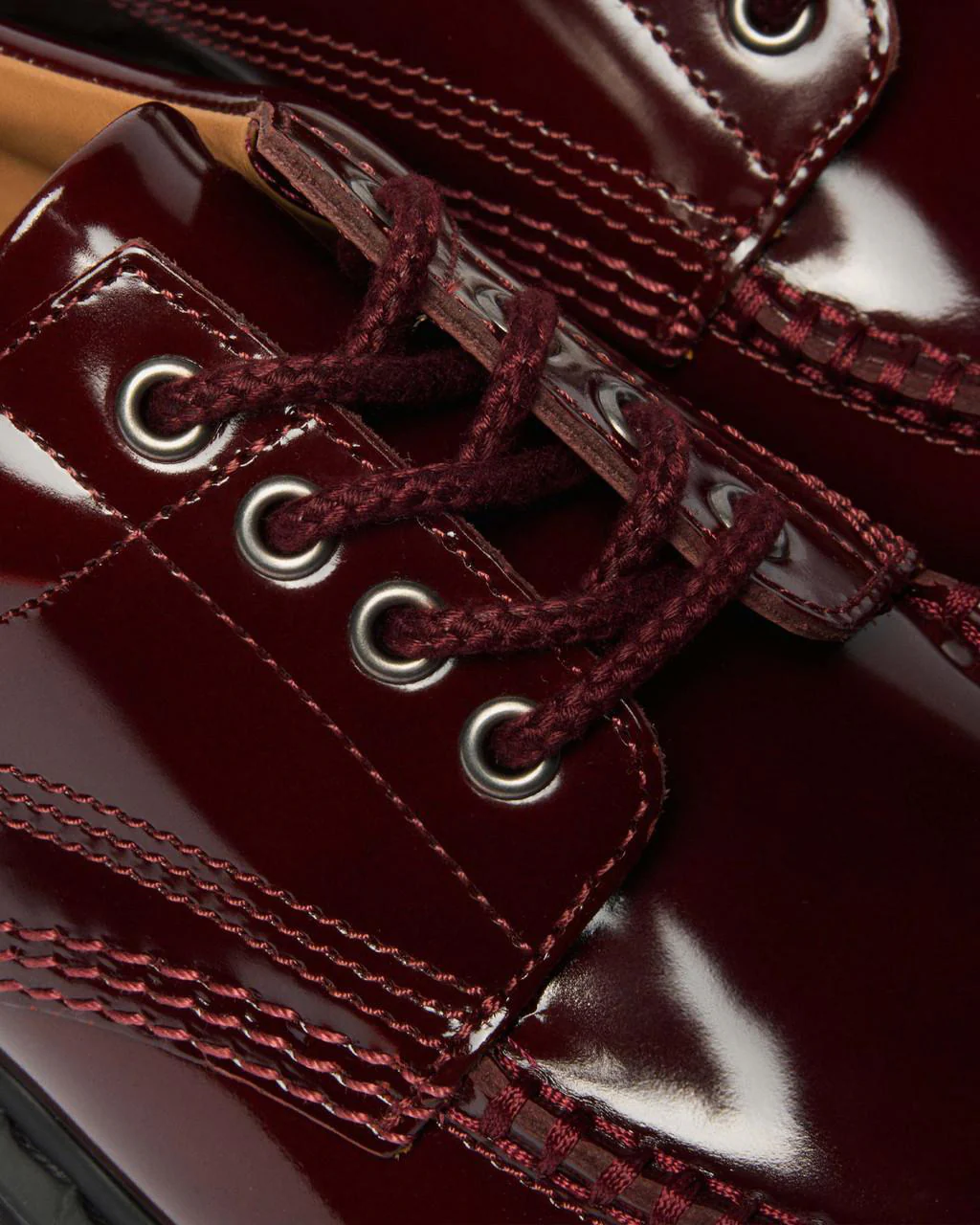 Dr Martens Archive Lowell 4-Eye Moc Toe Shoe - Cherry Red Laquered Leather - Image 2