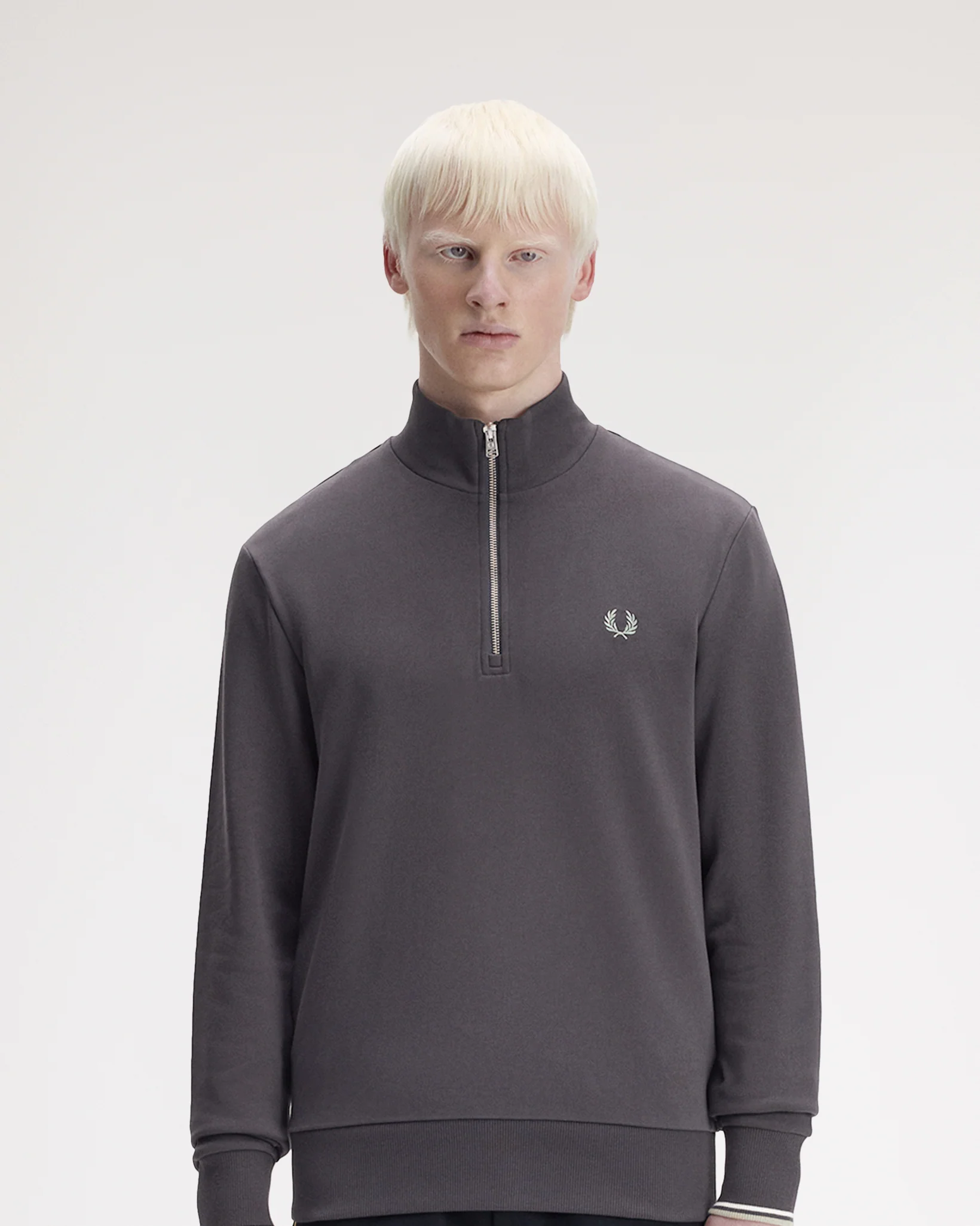 Fred Perry Half Zip Sweatshirt - Anchor Grey / Ecru / Seagrass - Image 2