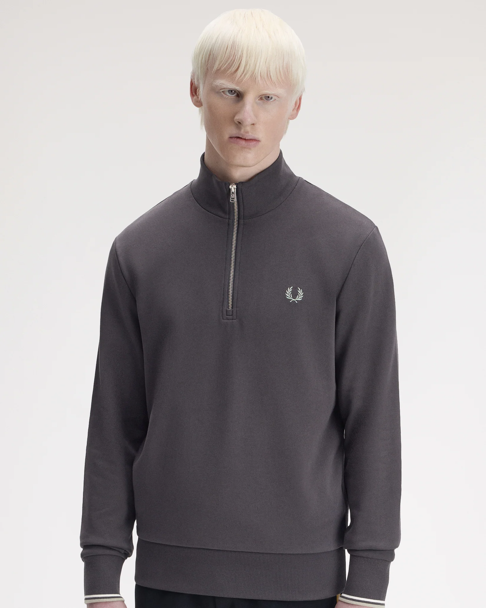Fred Perry Half Zip Sweatshirt - Anchor Grey / Ecru / Seagrass - Image 3