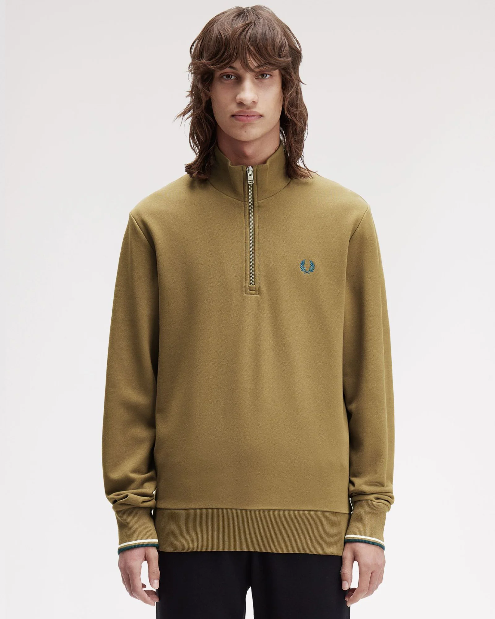 Fred Perry Half Zip Sweatshirt - Shaded Stone / Ecru / Dark Petrol - Image 2