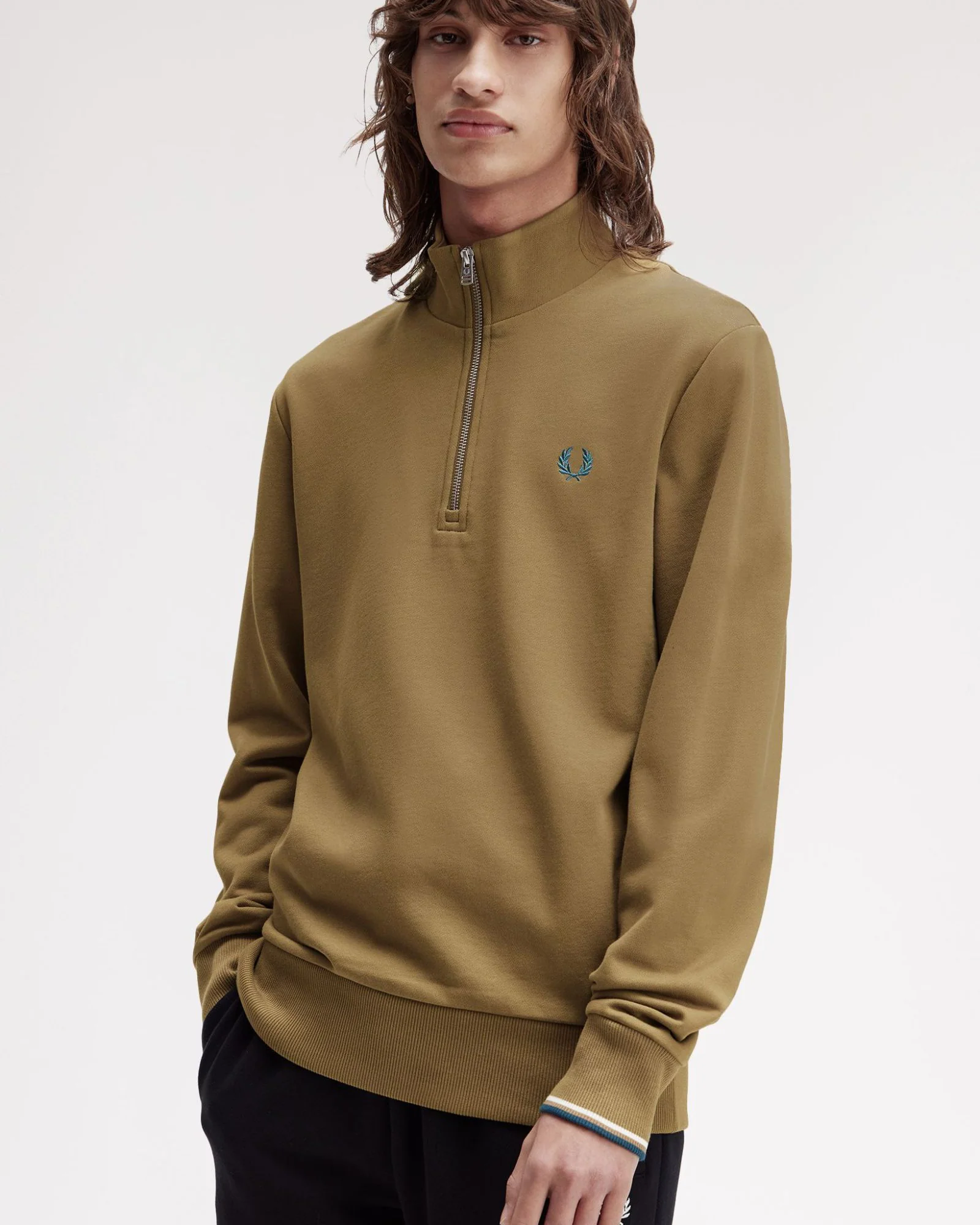 Fred Perry Half Zip Sweatshirt - Shaded Stone / Ecru / Dark Petrol - Image 3