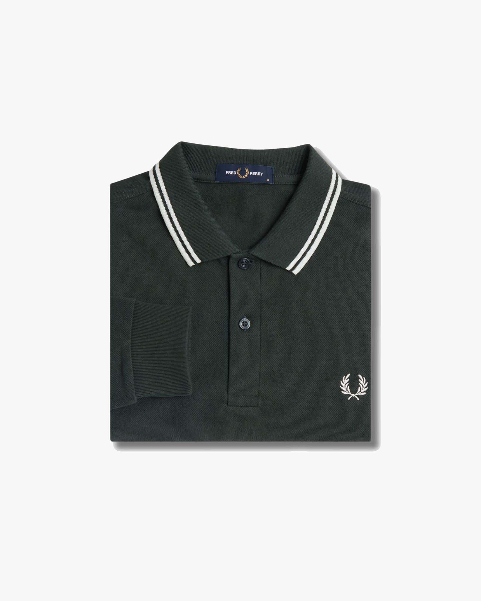 Fred Perry L/S Twin Tipped Polo Shirt - Night Green / Snow White - Image 8