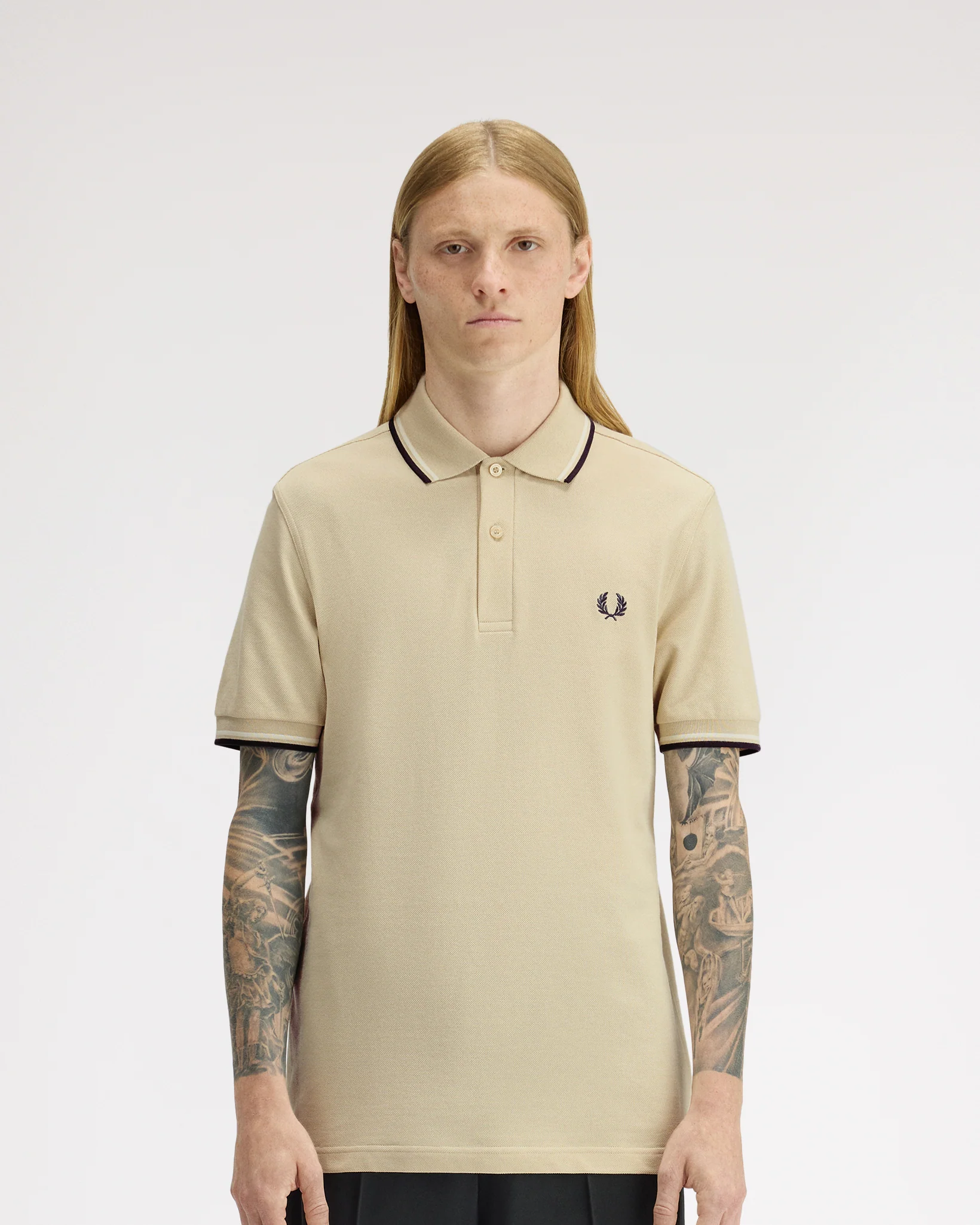 Fred Perry Twin Tipped Polo Shirt - Oatmeal / Snow White / Anchor Grey - Image 2