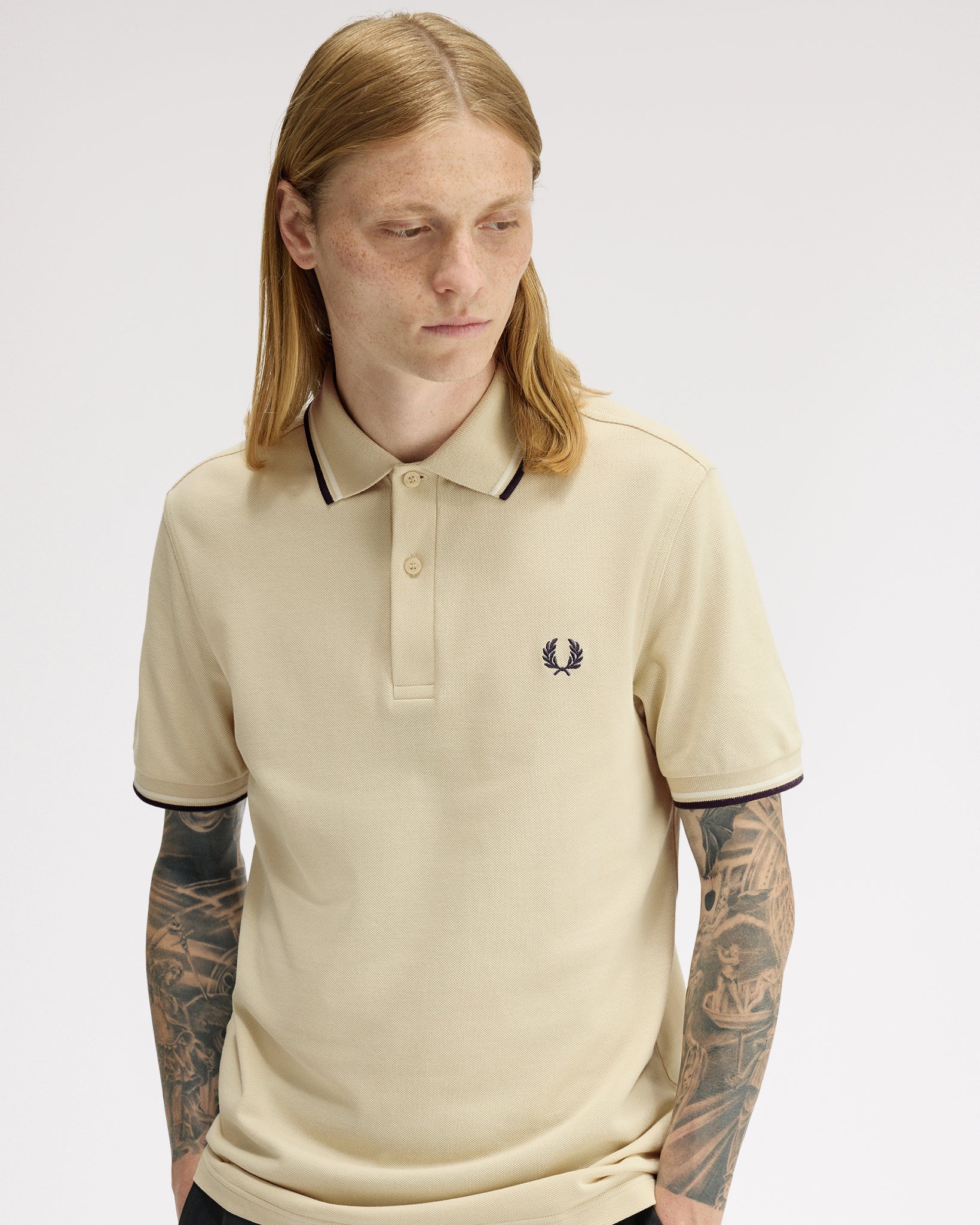 Fred Perry Twin Tipped Polo Shirt - Oatmeal / Snow White / Anchor Grey - Image 4
