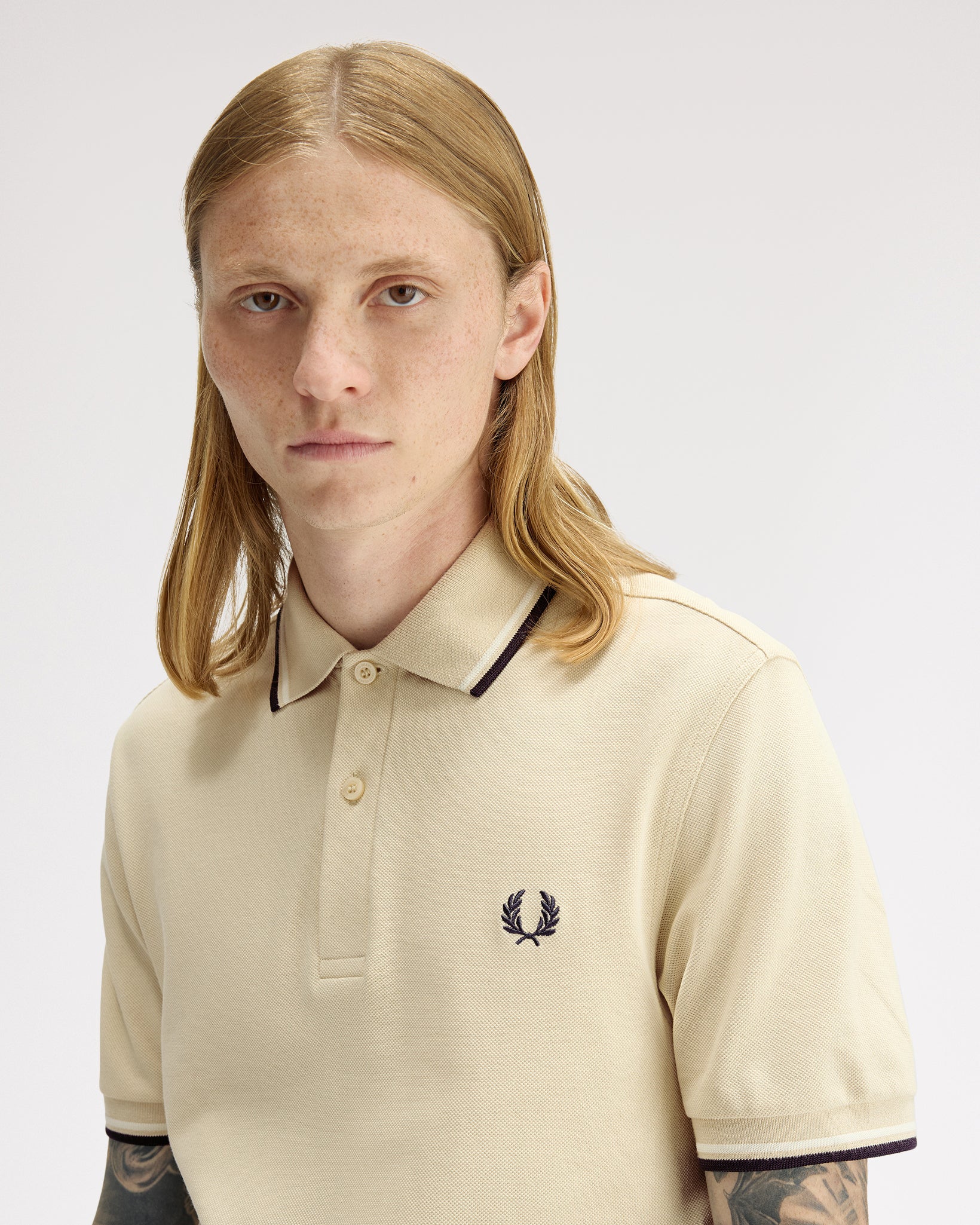 Fred Perry Twin Tipped Polo Shirt - Oatmeal / Snow White / Anchor Grey - Image 5