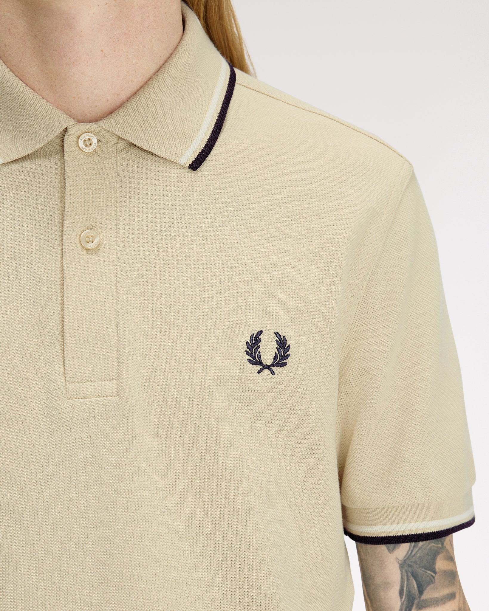 Fred Perry Twin Tipped Polo Shirt - Oatmeal / Snow White / Anchor Grey - Image 7