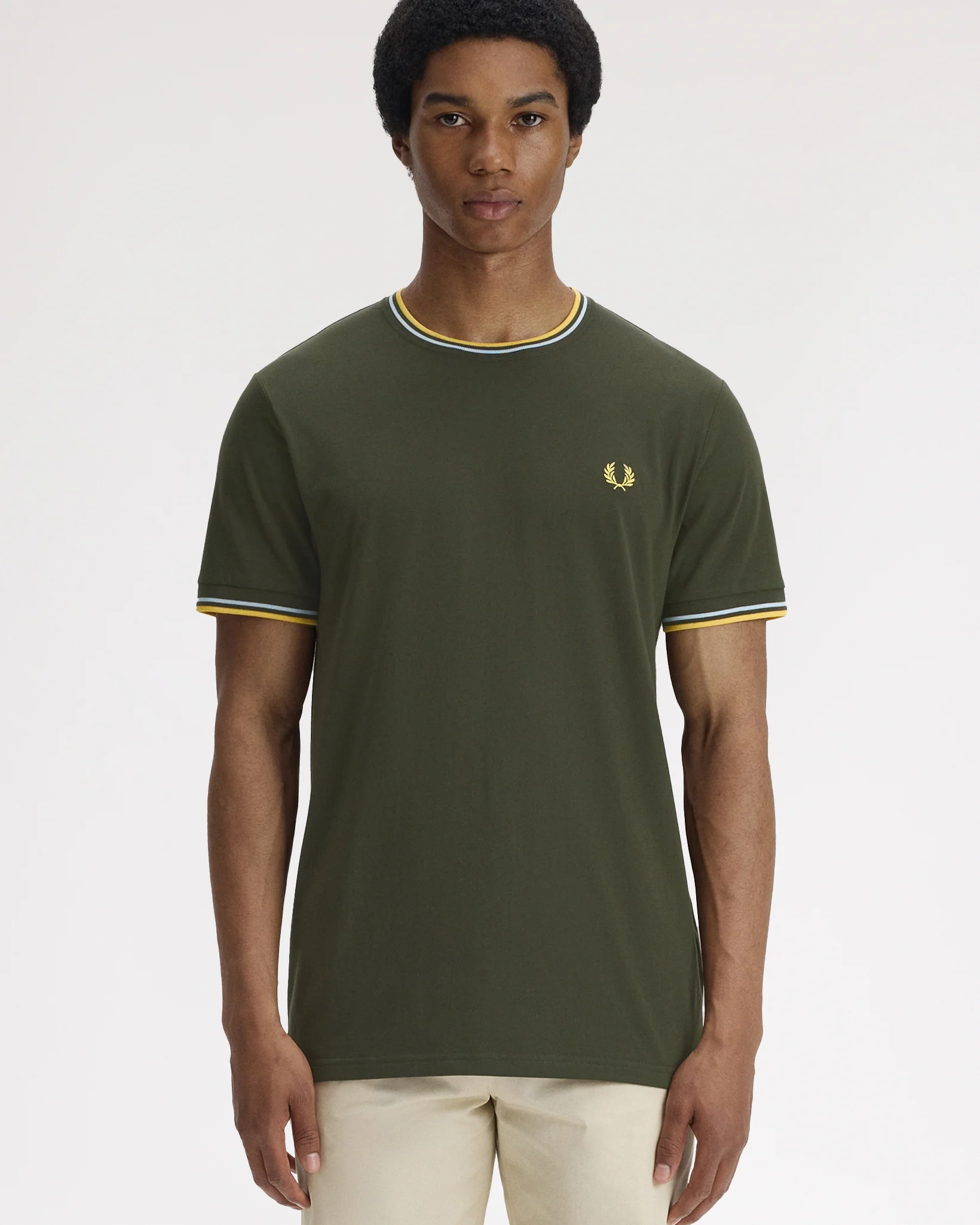 Fred Perry Twin Tipped T Shirt - Hunting Green / Light Ice / Lemon Barley - Image 2