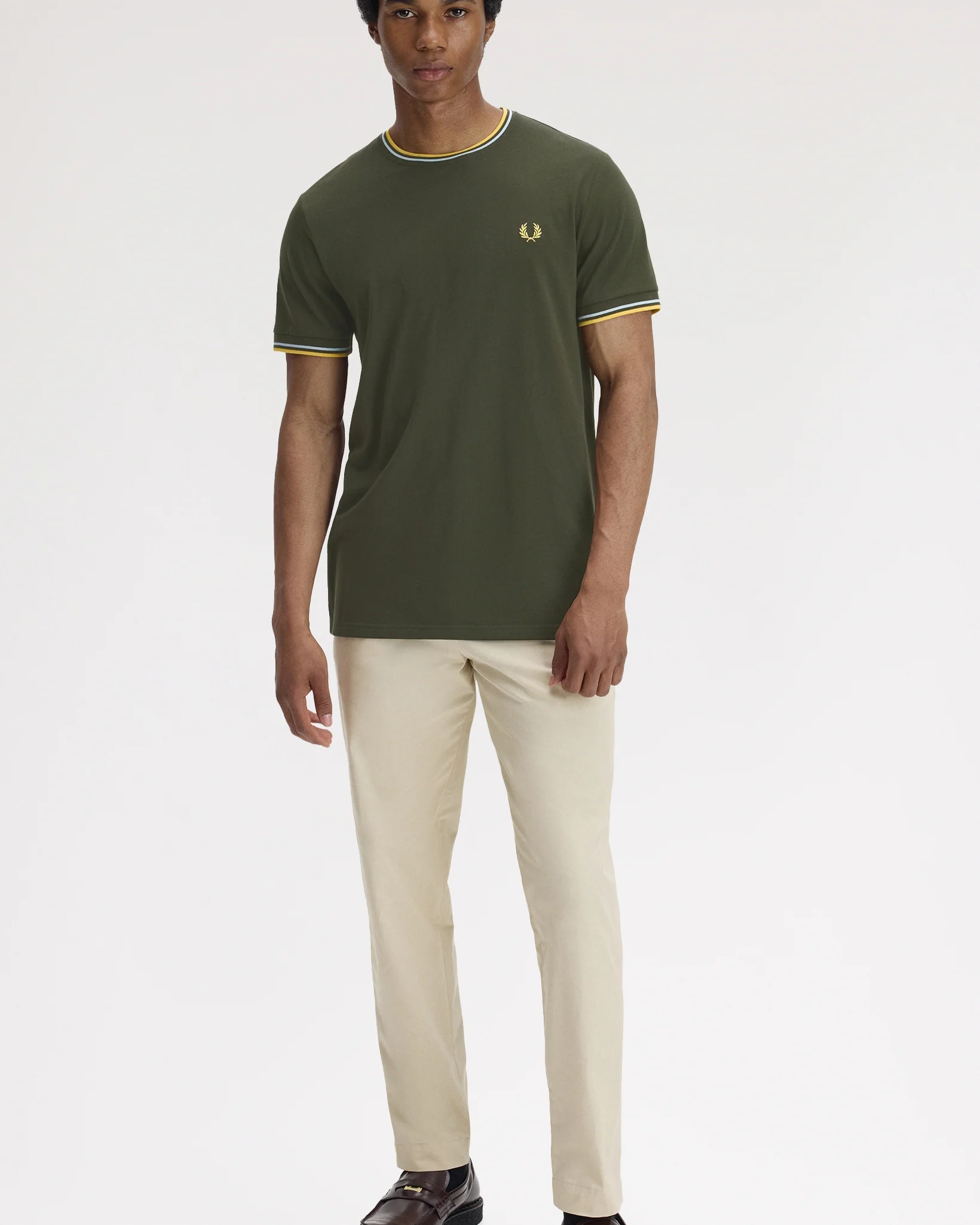 Fred Perry Twin Tipped T Shirt - Hunting Green / Light Ice / Lemon Barley - Image 4