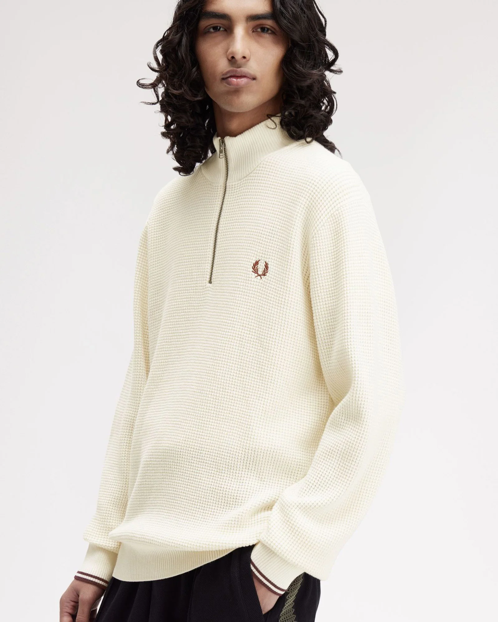 Fred Perry Waffle Stitch Half Zip Jumper - Ecru - Image 3
