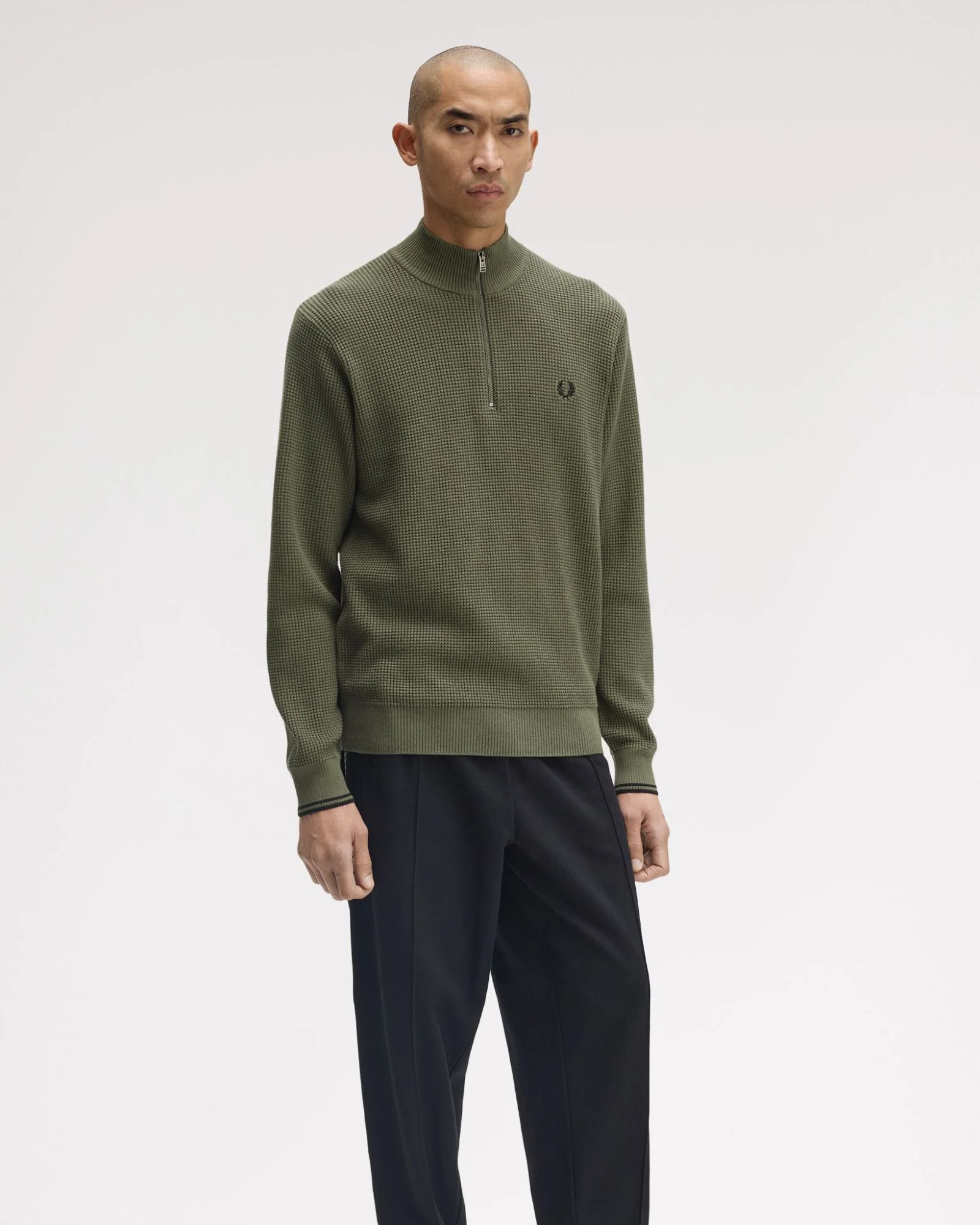 Fred Perry Waffle Stitch Half Zip Jumper - Laurel Wreath Green - Image 3