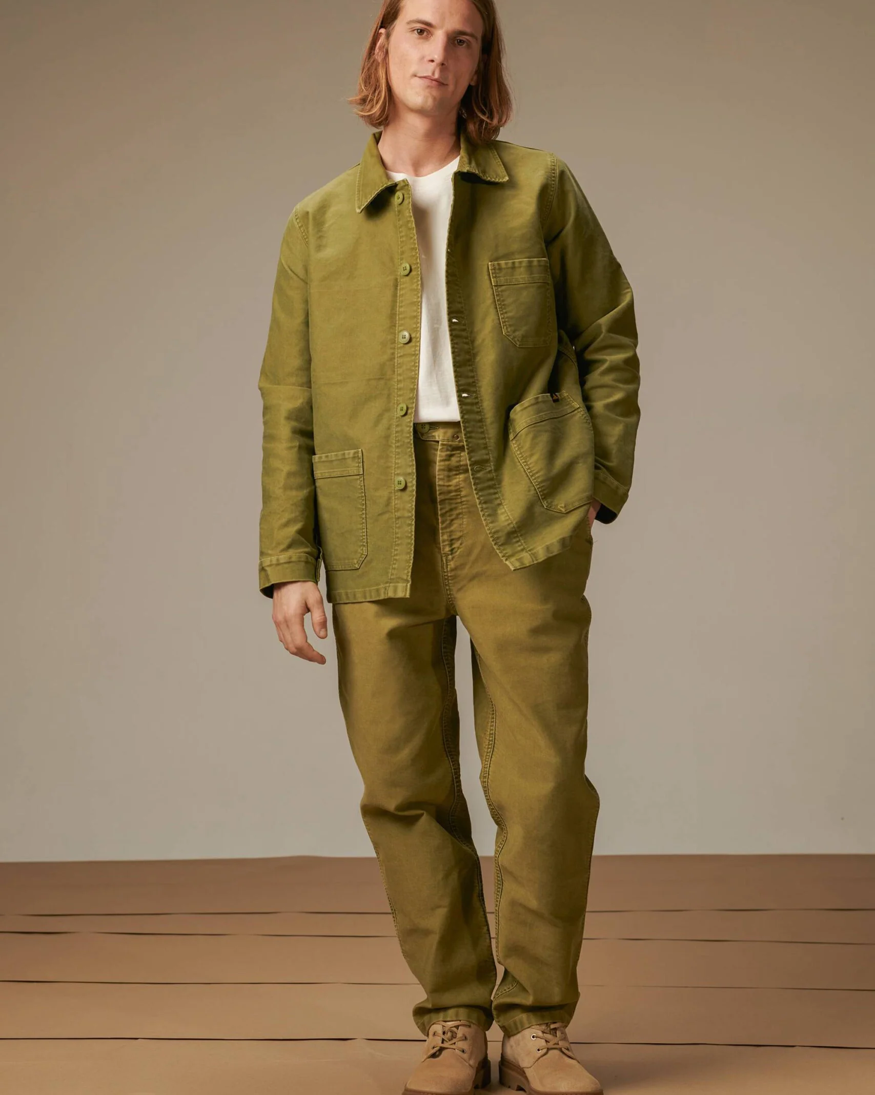 Le Mont St Michel Moleskin Vintage Washed Work Jacket - Khaki - Image 3