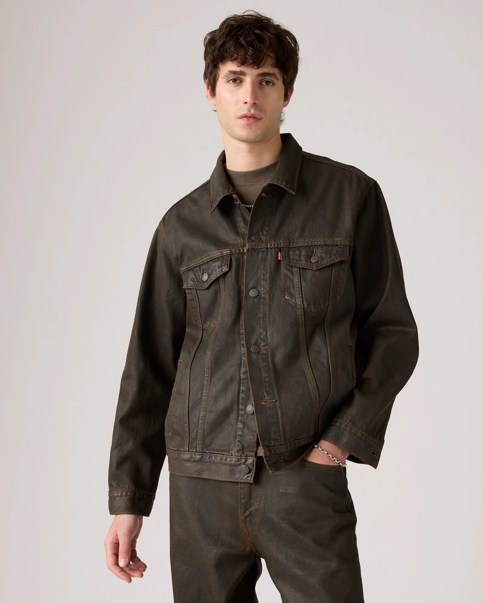 Levi's® Relaxed Fit Coated Trucker Jacket - Brown Wood - Image 3