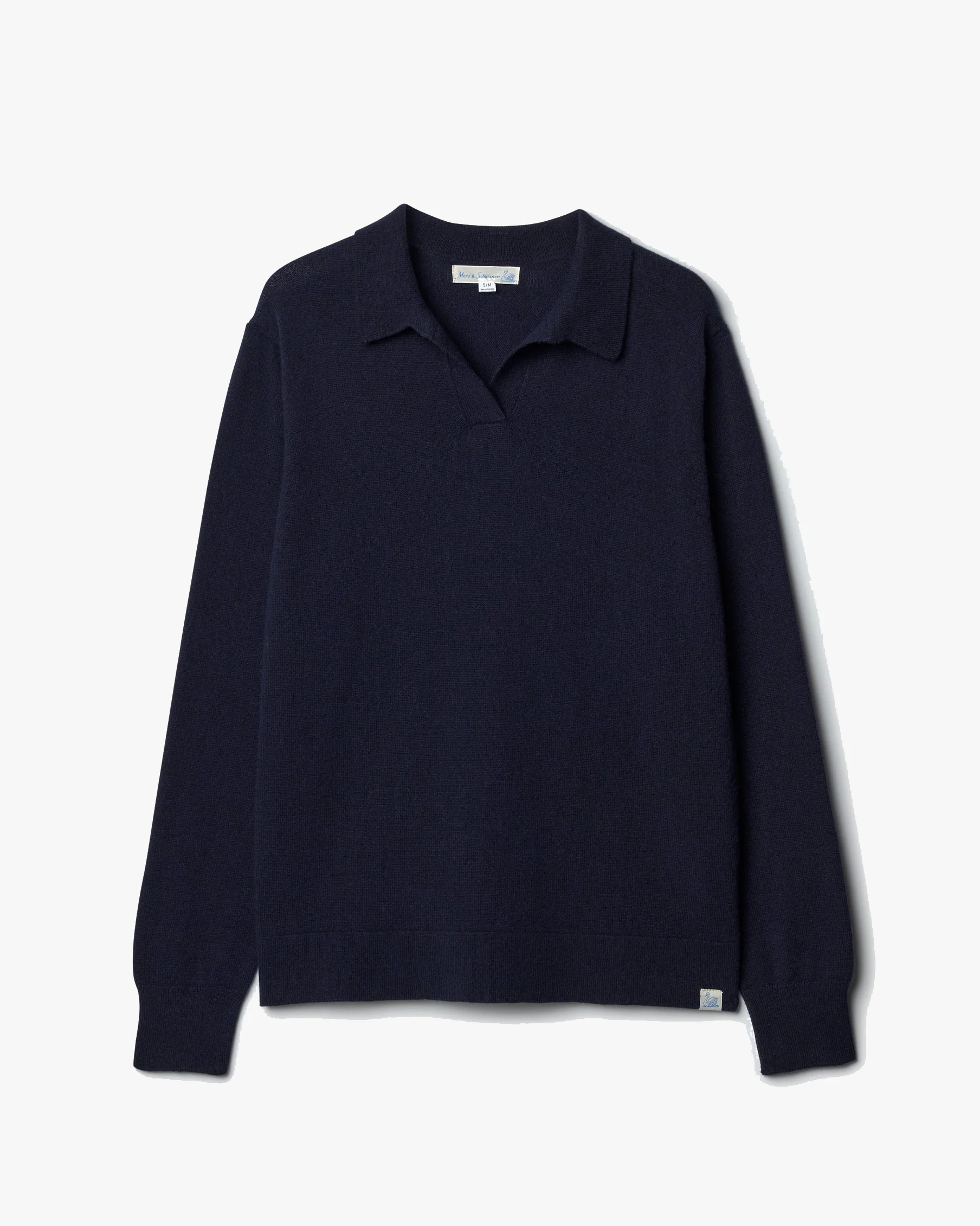 Merz b. Schwanen KNITPOLO01 Merino Wool Silk & Cashmere L/S Polo Shirt - Dark Navy