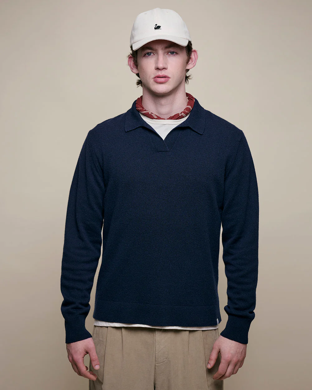 Merz b. Schwanen KNITPOLO01 Merino Wool Silk & Cashmere L/S Polo Shirt - Dark Navy - Image 2