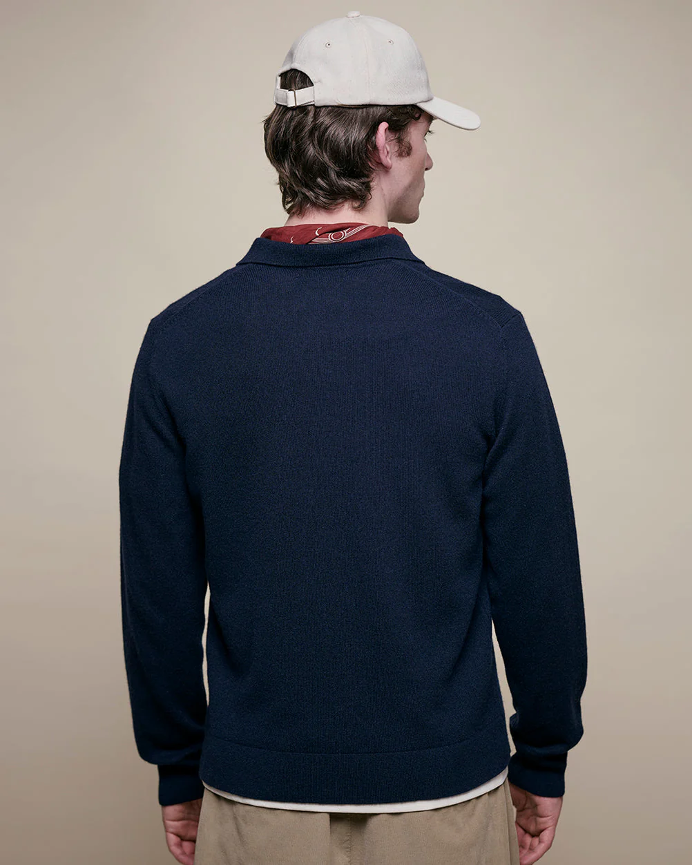 Merz b. Schwanen KNITPOLO01 Merino Wool Silk & Cashmere L/S Polo Shirt - Dark Navy - Image 3