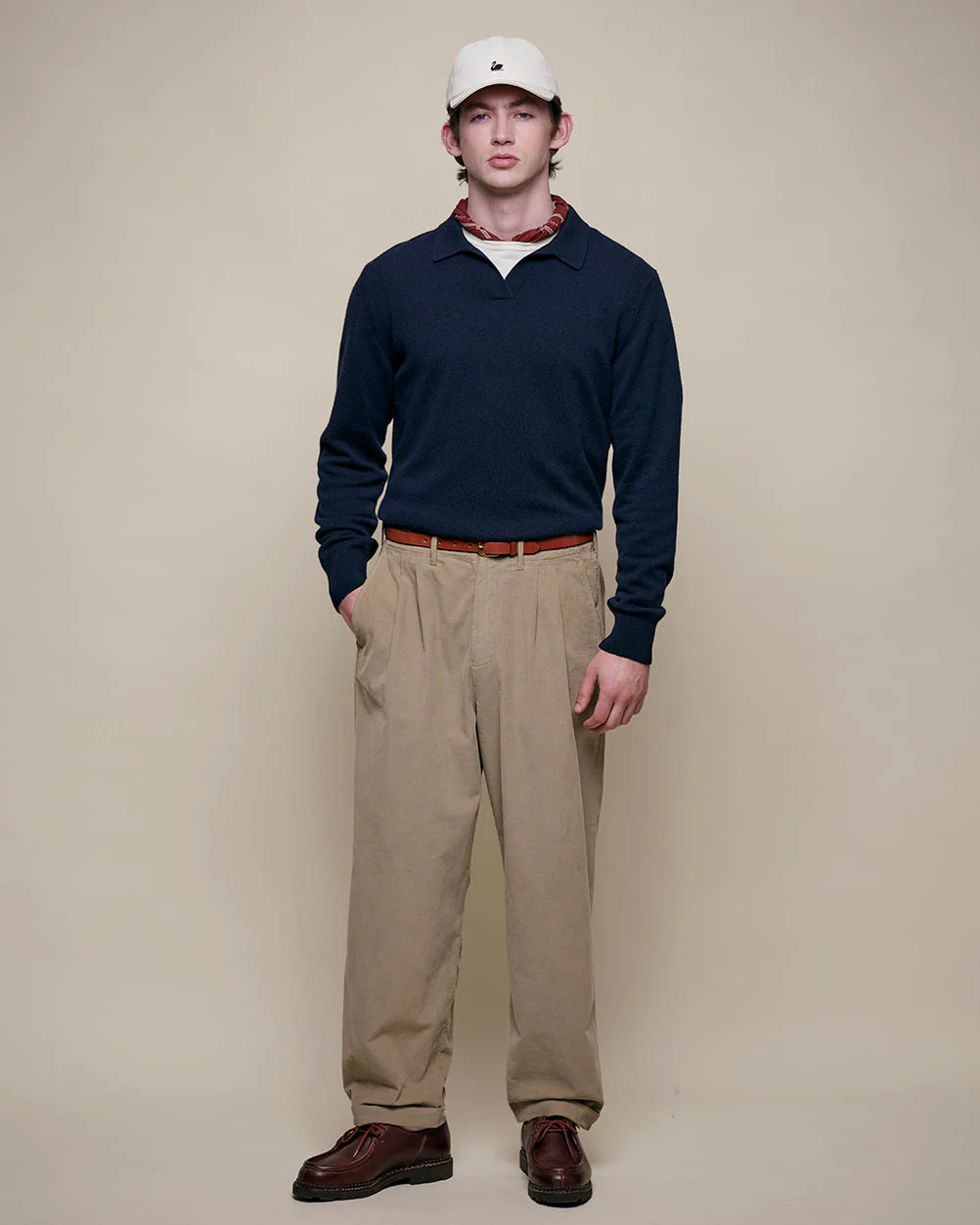 Merz b. Schwanen KNITPOLO01 Merino Wool Silk & Cashmere L/S Polo Shirt - Dark Navy - Image 4