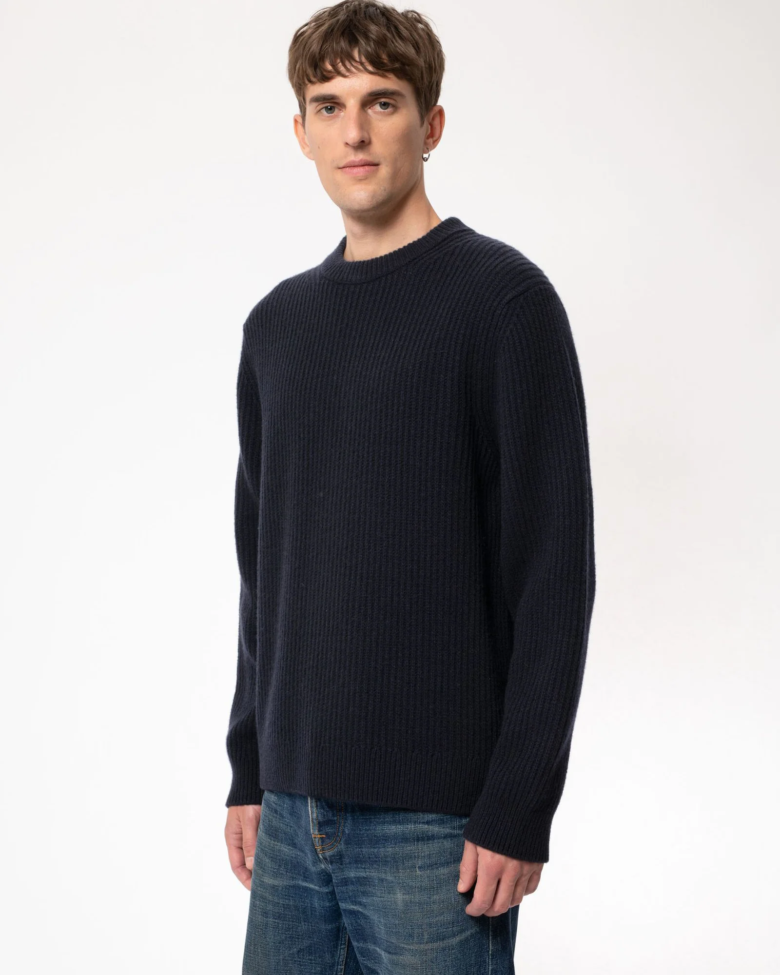 Nudie Jeans August Rib Wool Sweater - Navy - Image 3
