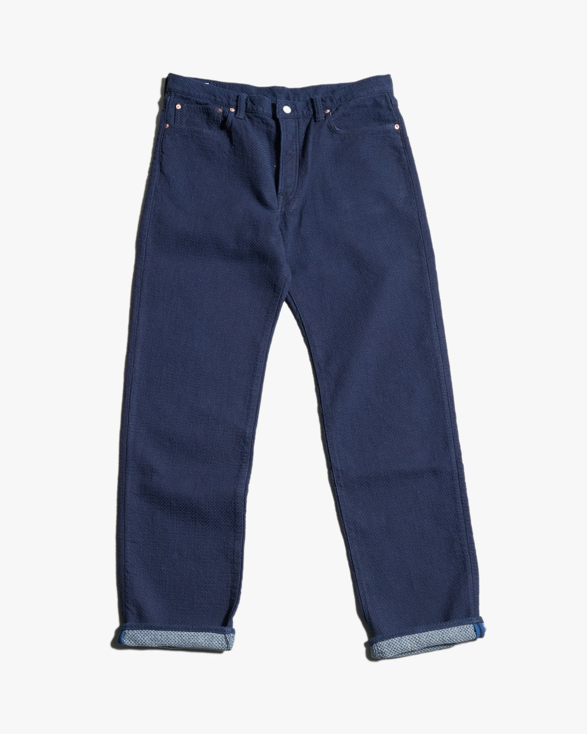 Omoto Denim 0621 15oz Ori-Zashi Sashiko Relaxed Tapered Trousers - Onewash - Image 4