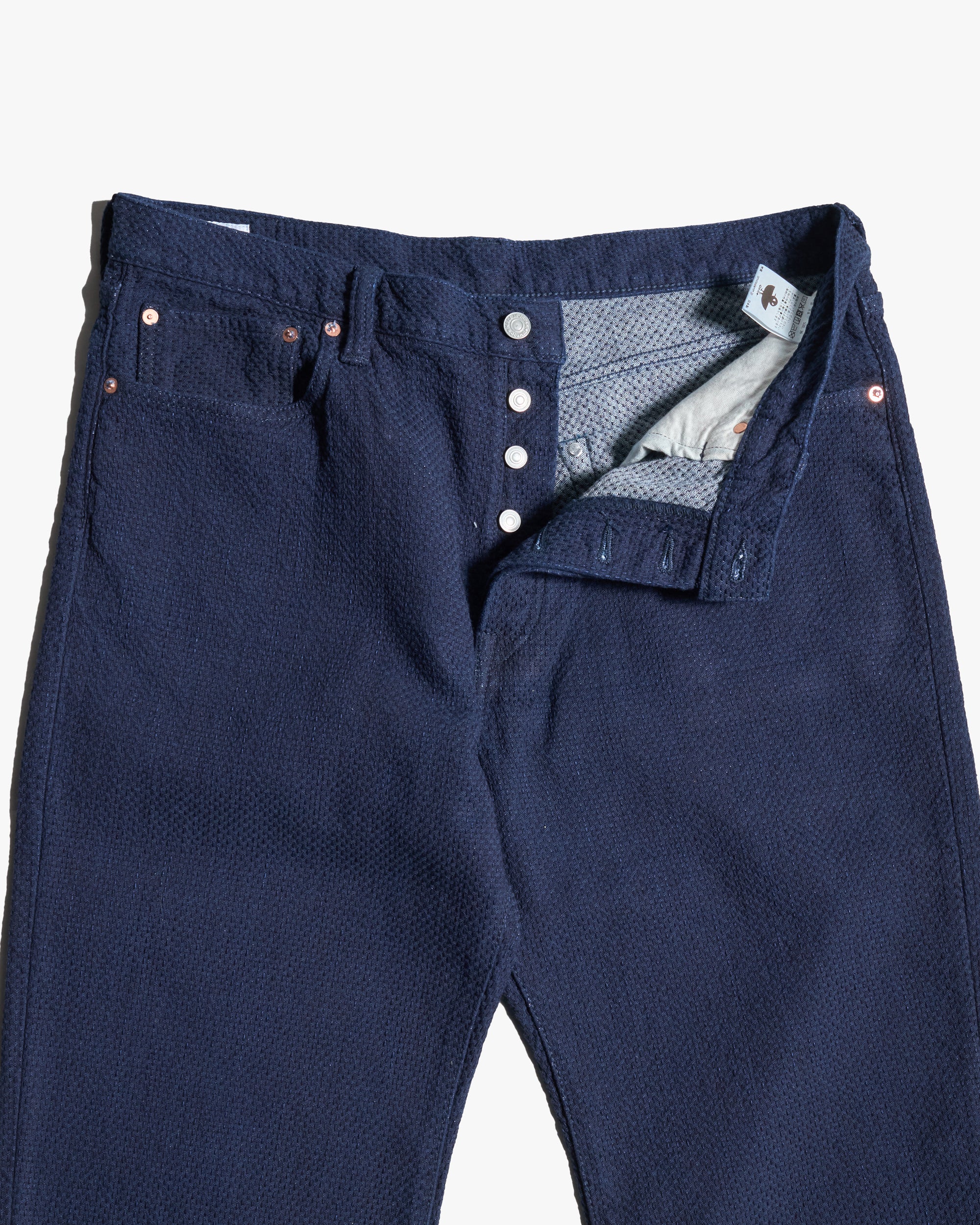 Omoto Denim 0621 15oz Ori-Zashi Sashiko Relaxed Tapered Trousers - Onewash - Image 6