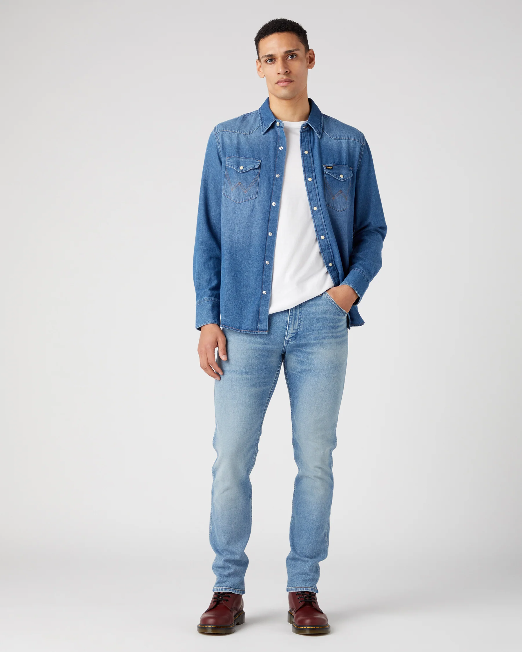 Wrangler Icons 27MW Western Denim Shirt - Icon Mid Stone - Image 3