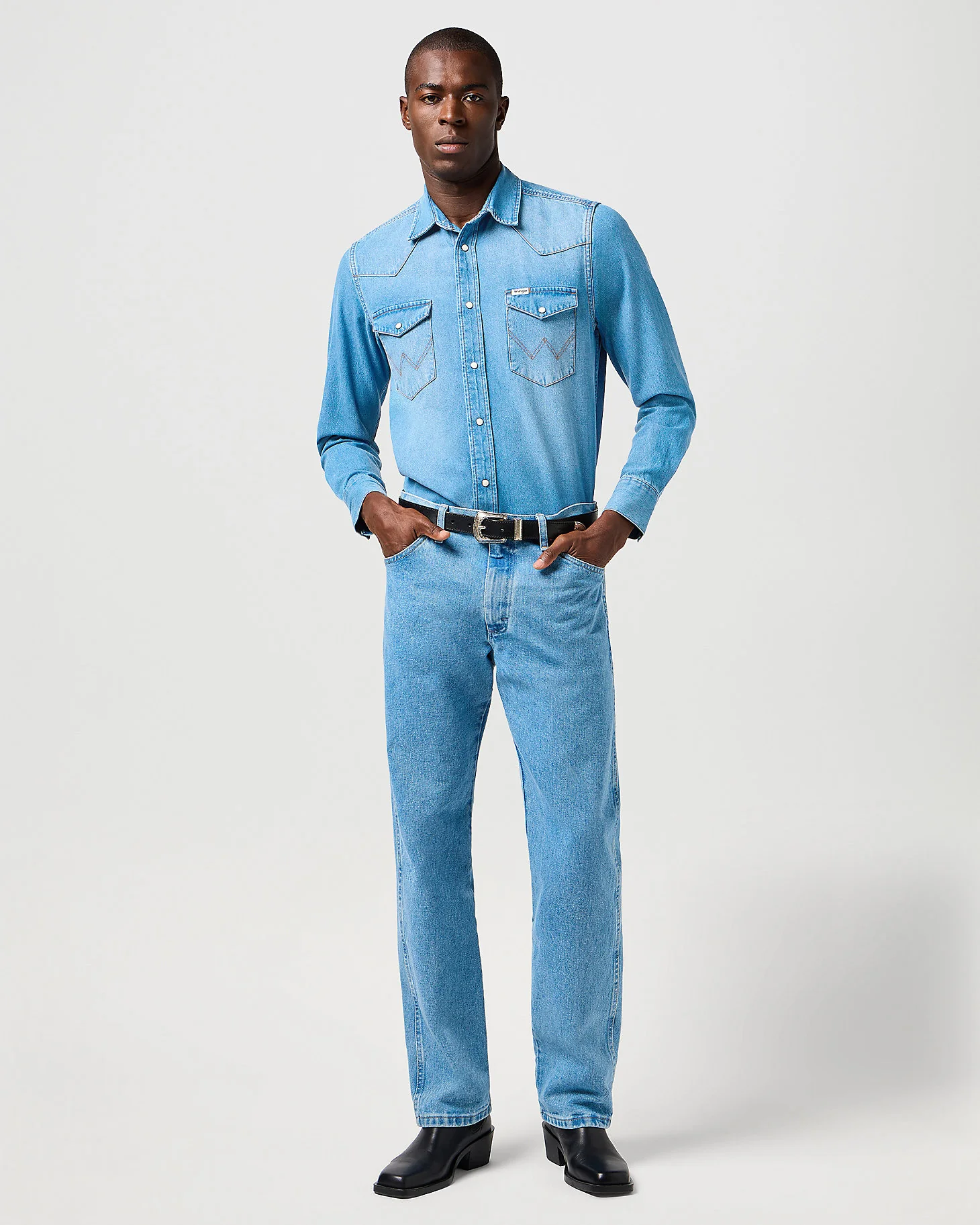 Wrangler Western Denim Shirt - Mid Light Wash - Image 4