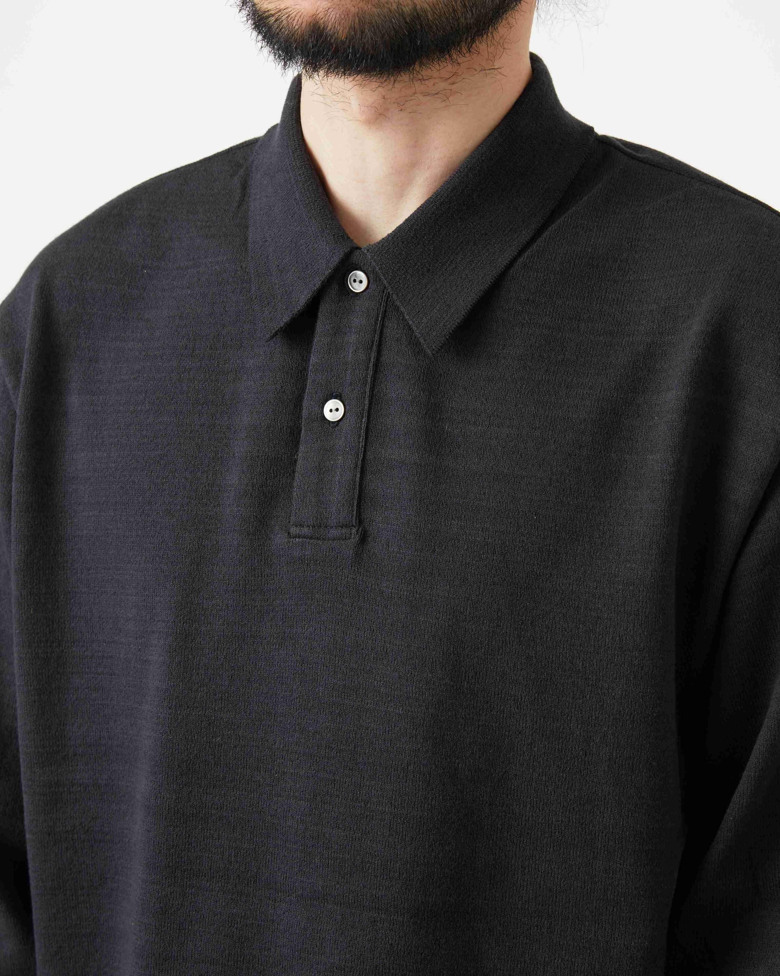 Yonetomi Light Wave Cotton Knit Polo Shirt - Black - Image 2