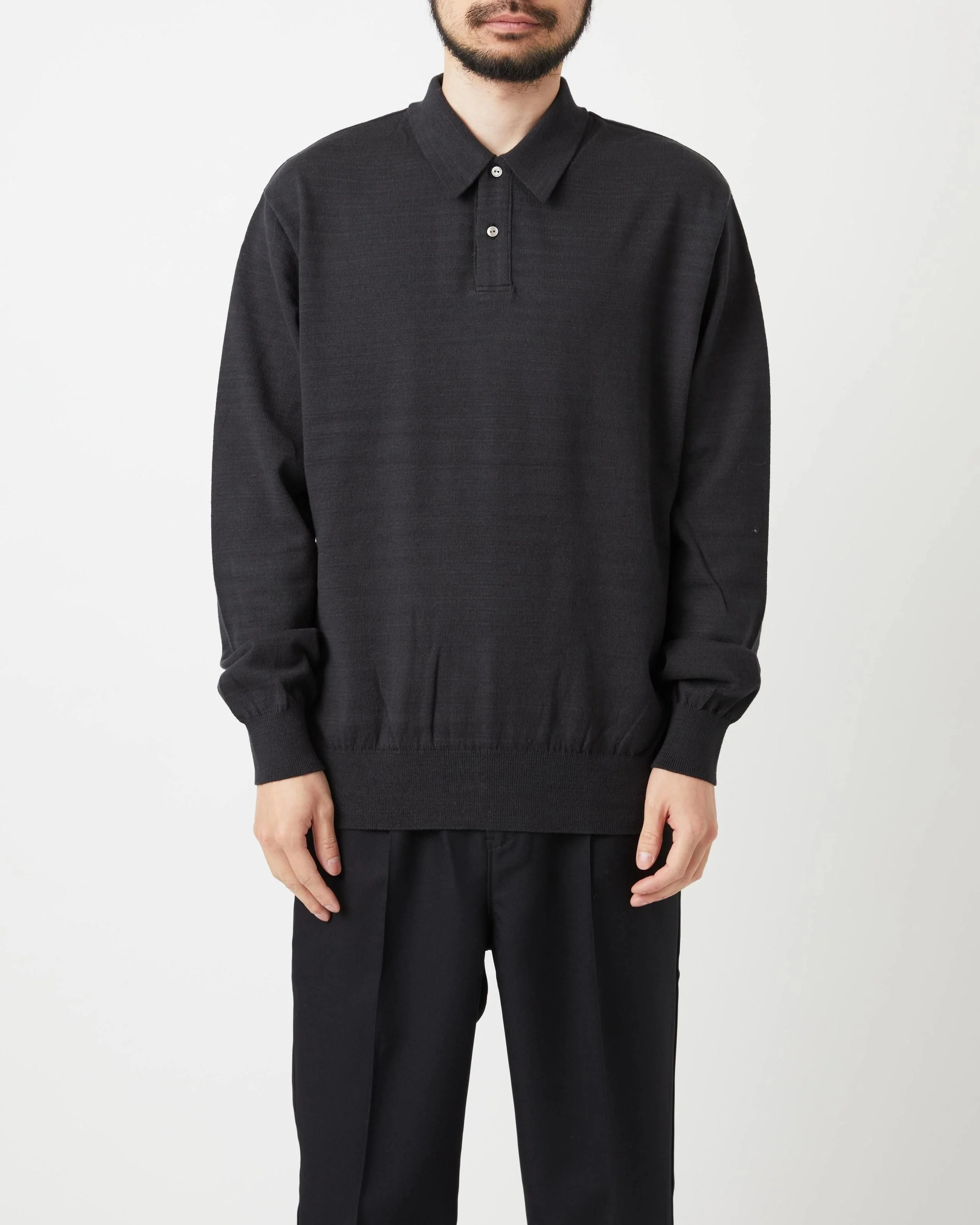 Yonetomi Light Wave Cotton Knit Polo Shirt - Black - Image 3